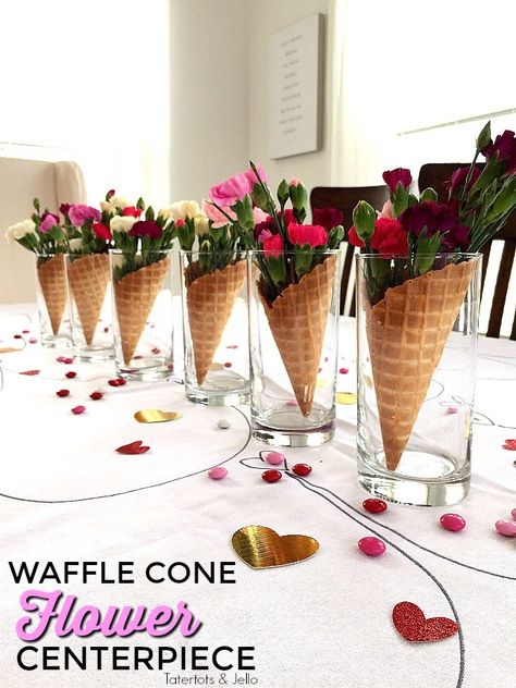 Waffle Cone Centerpieces you can make in 5 minutes are perfect for any type of party including Galantines! Breakfast Egg Casserole, Fleurs Diy, Ice Cream Cones, Waffle Cones, Sausage And Egg, Flower Party, Centerpiece Ideas, Ice Cream Party, Party Diy