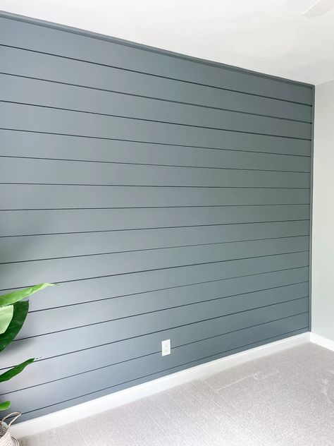 Shiplap Grey Wall, Tv Accent Wall Shiplap, Farmhouse Bathroom Shiplap Accent Wall, How To Add Dimension To Walls, Colored Shiplap Wall Living Room, Narrow Accent Wall Ideas, Diy Shiplap Accent Wall, Where To Put Shiplap In House, Painted Shiplap Accent Wall Living Room