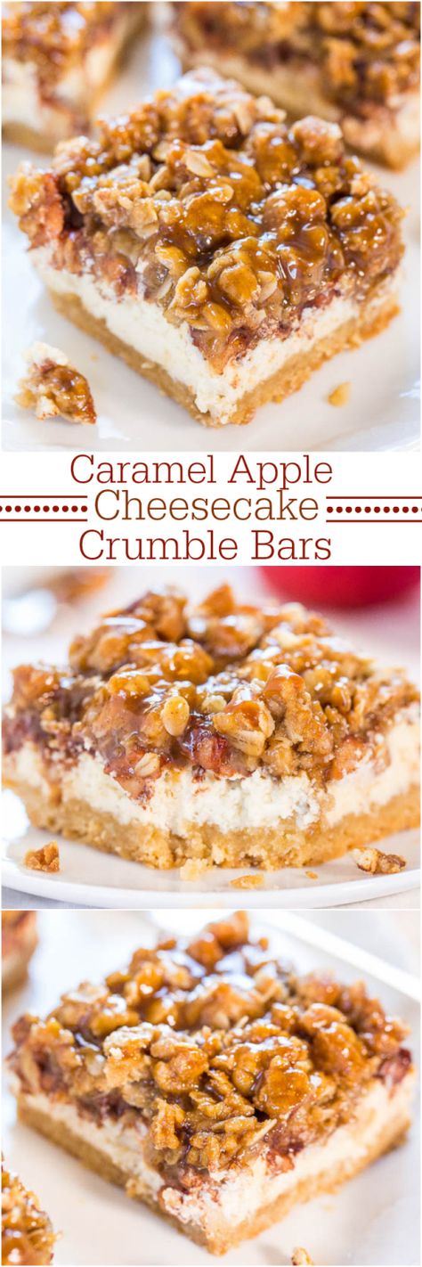 Caramel Apple Cheesecake Crumble Bars - Move over apple pie! These are an apple pie, apple crumble and cheesecake all in one! YUM! Cheesecake Crumble Bars, Cheesecake Crumble, Apple Cheesecake Bars, Caramel Apple Cheesecake Bars, Averie Cooks, Apple Recipe, Caramel Apple Cheesecake, Apple Cheesecake, Oat Crumble