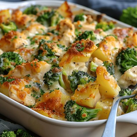 Baked Potato Chicken and Broccoli Casserole - Grammy Recipes Jalapeño Popper Chicken Bake With Broccoli, Chicken Potato Broccoli Bake, Rotisserie Chicken Broccoli Recipes, Baked Potato Chicken Broccoli Casserole, Chicken And Potatoes Casserole Recipes, Healthy Chicken Casserole Clean Eating, Baked Potato Chicken And Broccoli Casserole, Baked Potato Chicken And Broccoli, Chicken Potato Broccoli Casserole