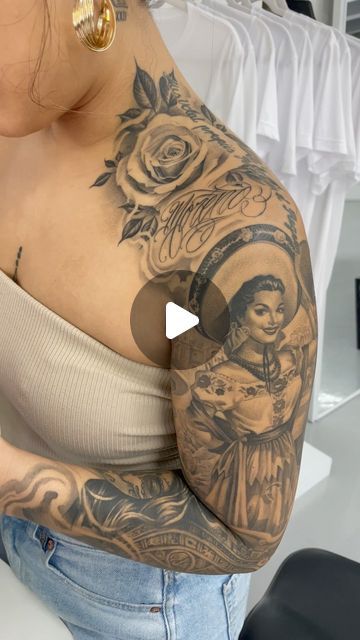 Mexican Queen Tattoo, Chula Tattoo Ideas, Latina Sleeve Tattoo, Mexican American Tattoos For Women, Aztec Warrior Tattoo For Women, Mexican Style Tattoos For Women, Mexican Heritage Tattoos For Women, Aztec Tattoo Mexican For Women, Mexico Tattoo For Women