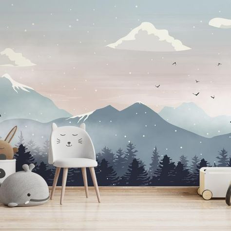 Boys Room Wallpaper | Wall Murals for Boys Bedroom • Wallmur® Mural For Kids Room, Boys Room Wallpaper, Room Wallpaper Designs, Snow Wallpaper, Mountain Mural, Murals For Kids, Theme Nature, Blue Nursery, Cloud Wallpaper