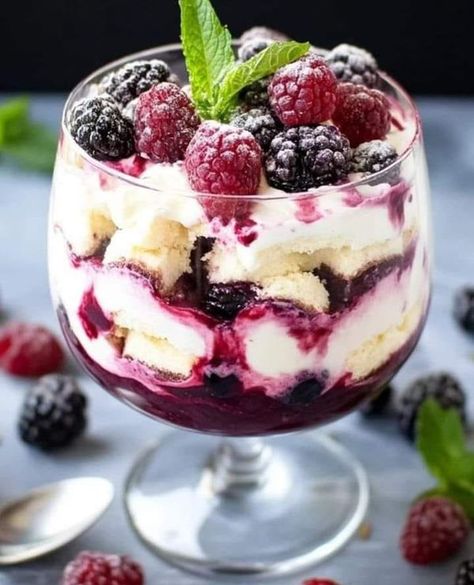 Easy Crockpot Recipes family | Berry Tiramisu Trifle | Facebook Crockpot Recipes Family, Easy Berry Trifle Recipe, Blueberry Trifle, Berry Tiramisu, Trifle Bowl Recipes, Tiramisu Trifle, Trifle Dessert Recipes, Fruit Trifle, Christmas Trifle