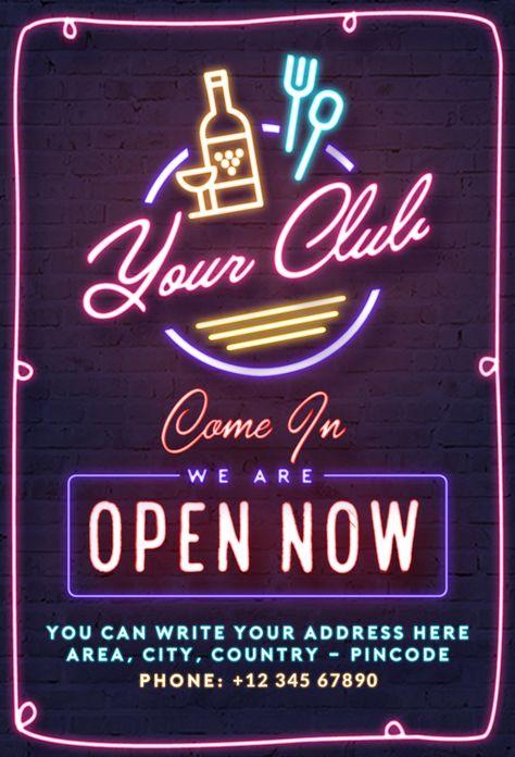 Club open now neon poster design Template Open Now Poster, Neon Poster Design, Poster Promotion, Neon Poster, Future Poster, Posters Uk, Poster Club, Nightclub Design, Bar Poster