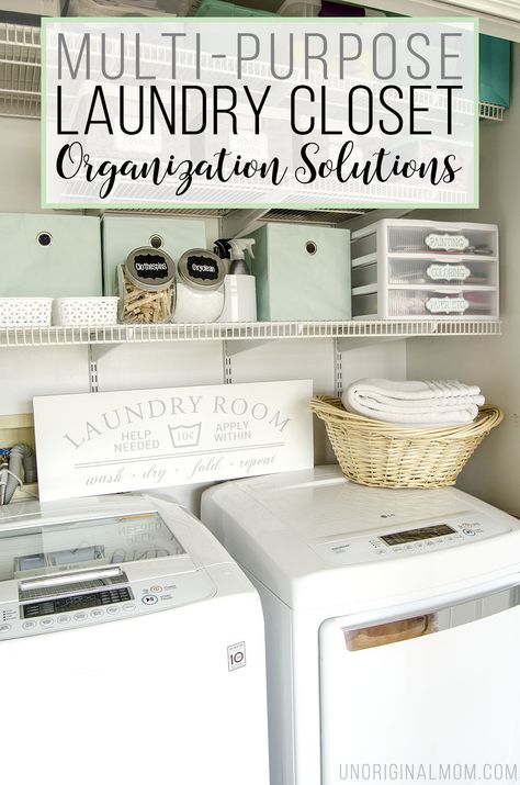 Organizing ideas and solutions for a small, multi-purpose laundry closet, complete with bins, labels, drawers, and even a pretty laundry sign! Office Closet Ideas, Closet Organization Solutions, Laundry Closet Organization, Small Laundry Closet, Apartment Closet Organization, Small Laundry Room Organization, Organization Closet, Laundry Room Closet, No Closet Solutions