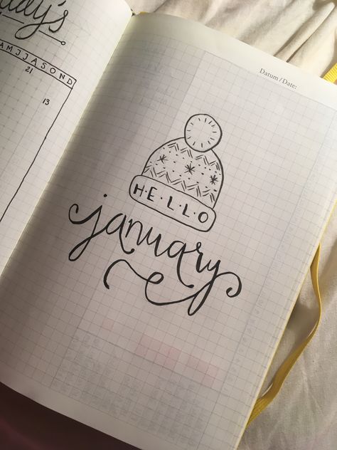 January Drawings Ideas, Ways To Write January, Bujo January Theme, January Drawings, Journal Ideas January, January Doodles, January Bullet Journal Cover, January Lettering, Dot Journaling