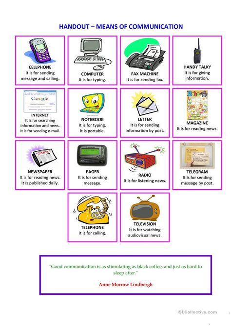 HANDOUT MEANS OF COMMUNICATION - English ESL Worksheets for distance learning and physical classrooms Means Of Communication For Kids Project, Means Of Communication Worksheets, Communication Worksheets, Saraswati Painting, Communication Activities, Assertive Communication, Communication Process, Esl Vocabulary, Means Of Communication