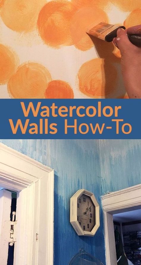 Watercolour Paint Effect on walls Love the idea and the blue wall in tutorial is lovely but I wouldn't consider the orange wall to have a  watercolour effect and I don't like that example.  Great concept to consider tho. Watercolor Wall Paint, Colorful Art Studio, Ottawa Apartment, Painting A Wall, Watercolor Mural, Painting House, Bedroom Redesign, Wall Painting Techniques, Diy Wall Painting