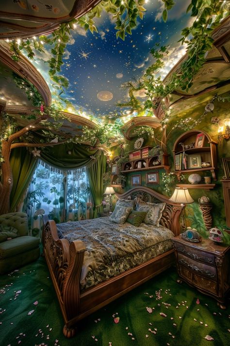 Escape to Enchantment: Tour a Whimsical, Nature-Themed Bedroom Oasis Cottage Fairy Core Aesthetic, Elvish Room Aesthetic, Fairy Fantasy Bedroom, Magical Forest Bedroom Ideas, Fairy Tale House Interior, Fairy Cottage House Dream Homes, Fairycore House Decor, Green Fairy Room Aesthetic, Fantasy Inspired Home