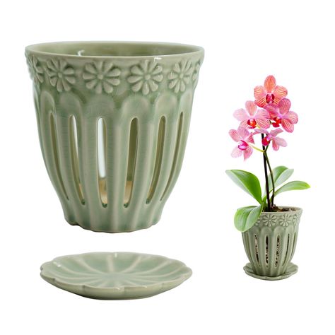 PRICES MAY VARY. [ Premium Quality ] Orchid pots are made of high quality clay, fired 2 times at low and medium high temperatures.It's strong and durable and won't crack on its own when there's no pressure or impact. Note: The glaze on the bottom of the planter pot is not intact because of the handmade process, this is normal for ceramic planters, this will not cause seepage, cracking. Please feel free to use it. [ Size & More Choise ] Orchid pot size: Outer diameter: 5.35 inches; Inner diameter Ceramic Orchid, Orchid Pots, Orchid Roots, Growing Orchids, Pot Ceramic, Orchid Pot, Tall Planters, Tiny Plants, Ceramic Plant Pots