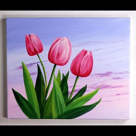 Bunch Of Flowers Painting Acrylic, Pink Tulips Painting Acrylic, Tulip Landscape Painting, Simple Tulip Painting Acrylic, Paint Tulips Easy, Art Inspo Painting Acrylic, Easy Canvas Flower Painting, Tulip Painting Acrylic Easy Step By Step, Painting Ideas On Canvas Flowers Easy