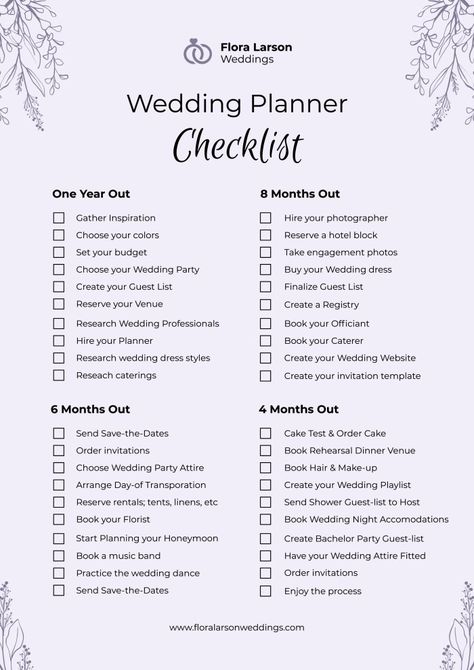 Elegant Flora Larson Wedding Planner Checklist Wedding Planner Checklist Free, Diy Wedding Checklist, Wedding Planning Checklist Detailed, Wedding Beauty Timeline, Wedding Planner Checklist, Wedding Checklists, Wedding Budget Planner, Wedding Planner Printables, Trendy Wedding Invitations