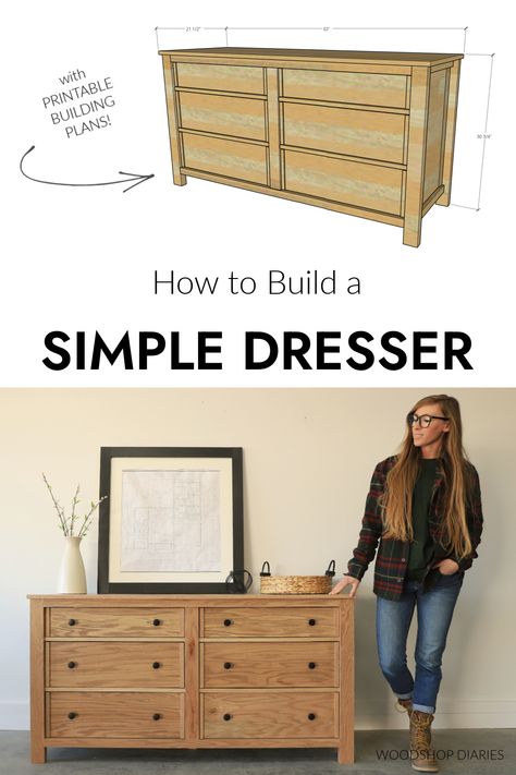 DIY Modern 6 Drawer Dresser Building A Dresser Diy, Diy Dresser Build Easy, Building A Dresser, Diy Wooden Dresser, Farmhouse Dresser Diy, 5 Drawer Dresser Makeover, Diy Wood Dresser, Chest Of Drawers Diy, Build A Dresser