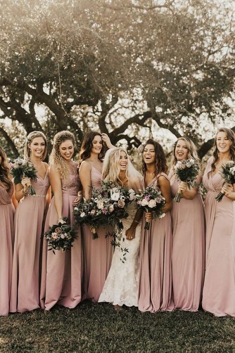 dusty rose bridesmaid dresses and sage green bouquets for fall boho chic dusty rose wedding Pink Bridesmaid Gowns, Dusty Pink Bridesmaid Dresses, Vintage Bridesmaid Dresses, Vintage Bridesmaids, Dusty Rose Bridesmaid Dresses, Bridesmaid Dresses Boho, Rose Bridesmaid Dresses, Blush Bridesmaids, Dusty Rose Wedding