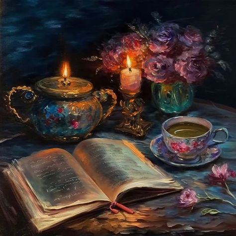 Whimsical Still Life, Magical Oil Painting, Dark Still Life Painting, Candle Oil Painting, Candle Still Life, Candle Art Painting, Fantasy Oil Painting, Candles Colorful, Candle In The Dark