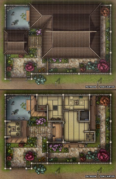 Between the lower and upper class areas of the town is the 'cultural district' of Iido. Calling it a district may be somewhat grandiose though as it comprises mainly of two notable buildings, the Tea House and Geisha Residence, both owned by the venerable Madame Hiketsu. Click the link to find out more #tomcartos #battlemap #map #ttrpg #dnd #dungeonsanddragons #l5r #5e #free #japan #feudal #teahouse Traditional Chinese House Layout, Japanese House Layout, Japanese Dojo, Compound House, Minecraft Banner, Roblox House, Asian House, Japanese Home Design, Bangunan Minecraft