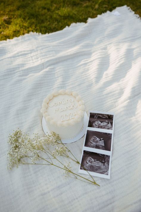 baby announcement with cake, baby’s breath and sonogram 🫶🏼 by Samantha York Photo Ultrasound Pictures With Flowers, Baby Sonogram Pictures Photo Ideas, Gender Reveal Photoshoot With Cake, Round Gender Reveal Cake, Beach Cake Gender Reveal, We’re Pregnant Cake, Gender Reveal Cake Picnic, Preg Announcement Photoshoot, Baby Cake Gender Reveal