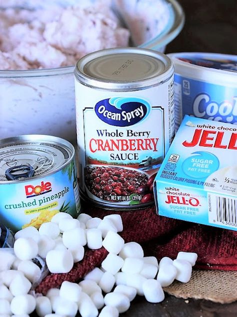 White Chocolate Cranberry Fluff Salad Ingredients Image Cranberry Fluff Salad, Cranberry Jello Salad, Cranberry Salad Recipes, Cranberry Fluff, Congealed Salad, Fluff Salad Recipes, Cranberry Dessert, Fluff Salad, Jellied Cranberry Sauce