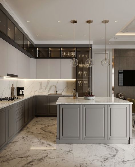 Neoclassical Interior Design Kitchen, Modern Classical Kitchen Design, Kitchen Neoclassic Interior Design, Modern Luxury Cabinet, Classic Kitchen Design Luxury, Neoclassical Kitchen Design, Modern Classic Kitchen Design, Neo Classic Kitchen, Neoclassical Kitchen