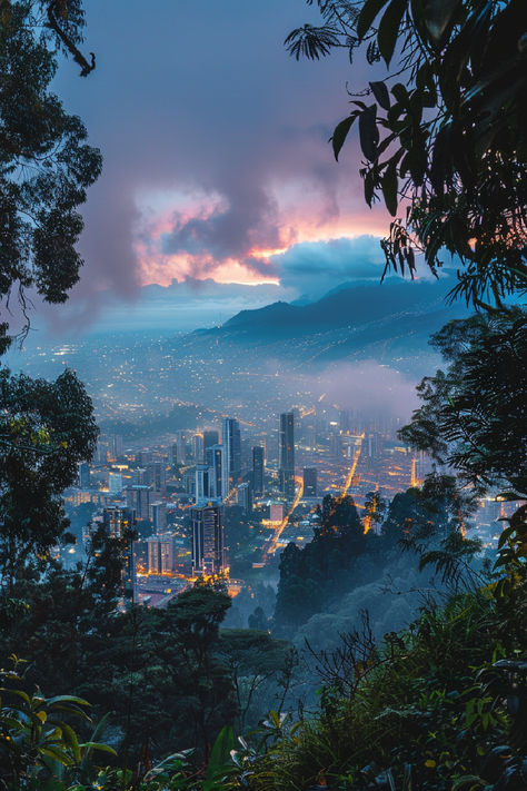 A stunning view of Bogotá, Colombia at dusk, with city lights illuminating the skyline and surrounding mountains. Bogota Colombia Aesthetic, Medellin Aesthetic, Columbia Bogota, Colombia Landscape, Bogota Colombia Travel, Colombia Aesthetic, Colombia Travel Guide, Colombian Culture, Visit Colombia