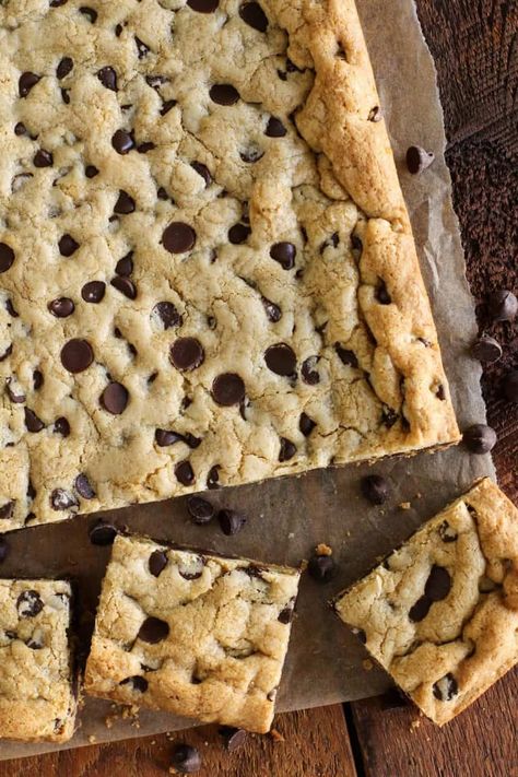 Chewy Chocolate Chip Cookie Bars • a farmgirl's dabbles Best Chocolate Chip Cookie Bar Recipes, Bar Cookies Chocolate Chip, Chocolate Chip Cookies Sheet Pan, Best Chocolate Chip Cookie Bars Ever, One Bowl Cookie Bars, Chocolate Chip Sheet Cookie, Cookie Sheet Cookie Bars, Sheet Cake Cookie Bars, One Pan Chocolate Chip Cookie