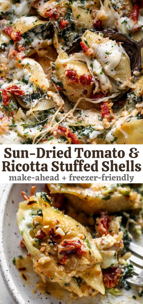 Sundried Tomato Stuffed Shells, Great Vegetarian Recipes, Italian Food For A Crowd Main Dishes, Fall Winter Lunch Ideas, Vegetarian Friendly Dinners, Good Vegetarian Recipes Dinners, Hot Weather Recipes Dinner, Summer Family Recipes Dinner, Dinner Ideas Impressive