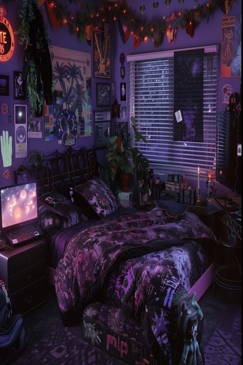 Whimsical Goth Bedroom Decor, Goth Bedroom Apartment, Whimsigothic Home Bedroom Purple, Whisimgoth Bedroom, Trad Goth Bedroom, Neon Goth Room, Space Inspired Room, Whimsy Goth Home Aesthetic, Red And Purple Room