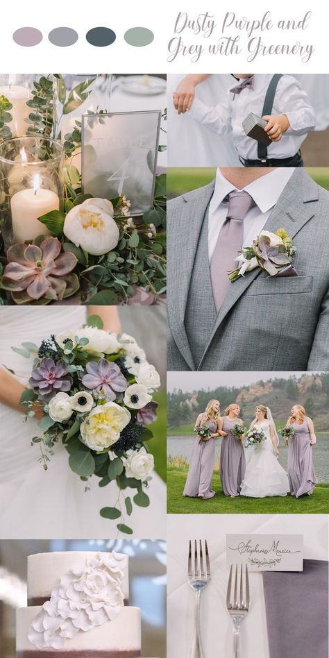 Wisteria Color Palette Wedding, Lavender Gray Wedding Theme, Lavender Grey Wedding Theme, Grey And Plum Wedding, Purple Sage And Grey Wedding, Wisteria And Grey Wedding, Dusty Lavender And Grey Wedding, Dusty Purple Color Scheme, Fall Wedding Colors Lilac