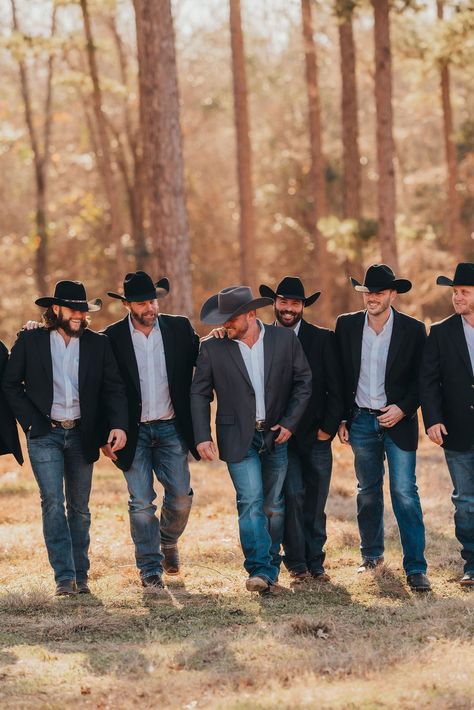 Groom and his groomsmen Fall Country Groomsmen Attire, Ranch Wedding Groomsmen, Groomens Attire Western, Suit Jacket With Jeans For Men Wedding, Groom And Groomsmen Fall Wedding, Western Wedding Suits Groom, Blue Jeans Groom Attire, No Tux Wedding Groom Attire, Sage Green Wedding Western