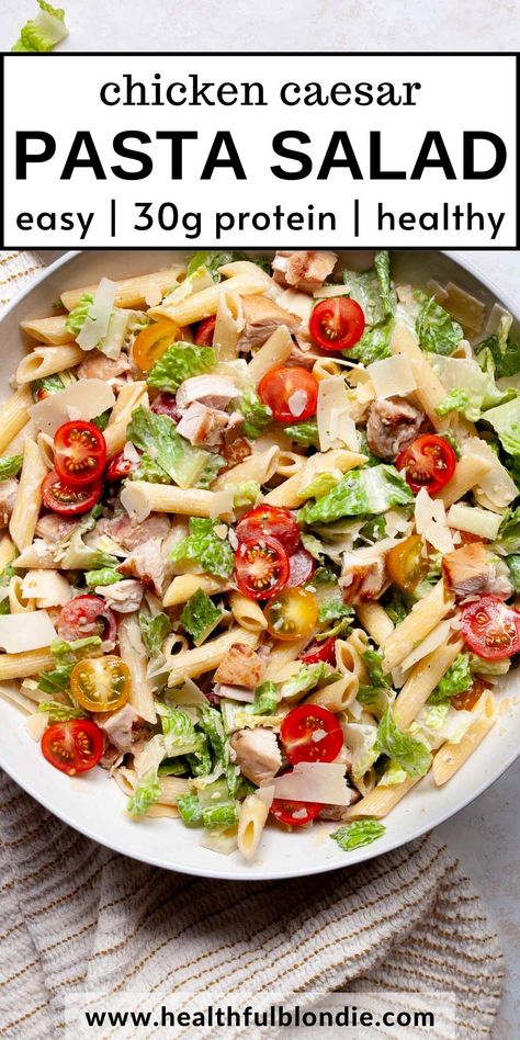 This high-protein chicken Caesar pasta salad recipe is healthy, packed with 30 grams of protein, and tossed in a low-fat Greek yogurt dressing without anchovies or mayo. You can use grilled, baked, or rotisserie chicken. An easy under 30-minute meal prep lunch and weeknight dinner. High Protein Chicken Caesar Salad, Pesto Pasta Chicken Caesar Salad, Chicken Ceasar Salad Pasta Salad, High Protein Ceaser Salad, Healthy Chicken Caesar Pasta Salad, Chicken Caesar Pasta Salad Meal Prep, Meal Prep Ceaser Salad, Low Calorie Chicken Pasta Salad, Low Cal High Protein Pasta Salad