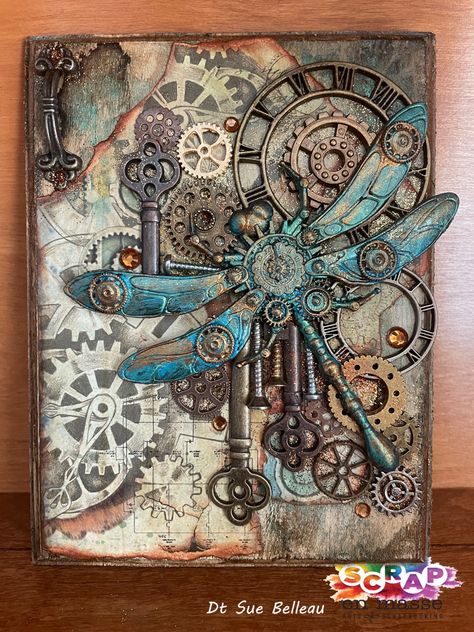 Steampunk Canvas Art Diy, Multimedia Art Mixed Media, Stamperia Mixed Media, Steampunk Invitation, Mixed Media Art Ideas, Steampunk Canvas, Mixed Media Journal Cover, Steampunk Diy Crafts, Finnabair Mixed Media