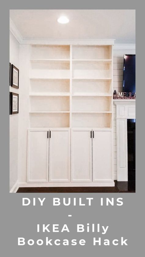 Diy Built In Bookcase Around Fireplace, Diy Bookcase Fireplace Wall, Ilea Bookshelves Built In, Diy Built In Shelves Bedroom, Ikea Hacks Wall Unit, How To Build Built Ins Around Fireplace, Ikea Billy Bookcase Hack Fireplace, Ikea Brimnes Cabinet Hack Built Ins, Bill Bookcase Hack