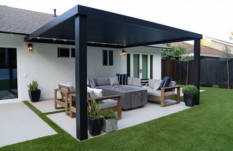 Patio Covering, Black Pergola, Canopy Ideas, Online Landscape Design, Fire Pit Landscaping, Modern Pergola, Patio Cover, Backyard Pergola, Beautiful Patios