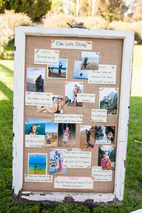 our love story board #FijiWedding Picture Board Wedding Receptions, Wedding Story Board Ideas, Our Love Story Wedding Sign Diy, Through The Years Wedding Display, Our Love Story Wedding Display, Wedding Our Love Story, Our Love Story Table Wedding Ideas, Our Story Board Wedding, Wedding Bulletin Board