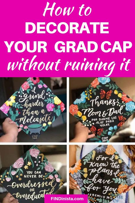 How to decorate graduation cap without ruining it - Looking for an easy way to decorate your grad cap?  Click to see the best way to DIY a fun high school or college grad cap!  #graduation #graduationcap #FINDinista Decorate Graduation Cap, Diy Grad Cap, Grad Diy, Nurse Graduation Cap, College Grad Cap Ideas, Grad Cap Decorated, Masters Graduation, High School Graduation Cap, College Graduation Cap Decoration