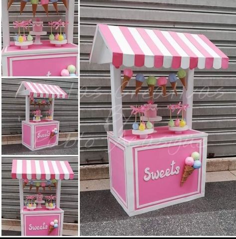 Candy Stand Ideas Display, Diy Ice Cream Stand Cardboard Boxes, Sweet Stall Ideas, Candy Stand Ideas, Diy Dessert Cart, Ice Cream Stand Ideas, Ice Cream Stand Diy, Cardboard Ice Cream Stand, Candy Shop Ideas Design