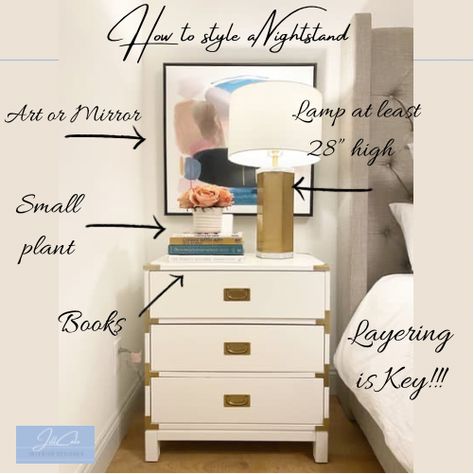 How To Style Nightstand, Style A Nightstand, White Nightstand Bedroom, How To Style A Nightstand, Bedroom Nightstand Decor, Dresser Decor Bedroom, Bedside Table Styling, Campaign Dresser, Nightstand Bedroom