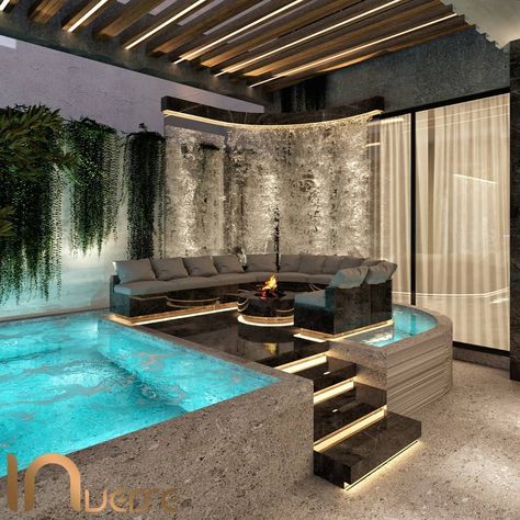 INVERSE GROUP | DESIGN on Instagram: “Pool sitting areas with fire pits are a popular feature because homeowners can be at eye level with the water. It’s a fun feature that…” Luxury Pools Indoor, Jacuzzi Room, Modern Home Decor Ideas, Indoor Jacuzzi, Home Spa Room, Indoor Pool Design, Piscina Interior, Sitting Areas, House Interior Design Styles