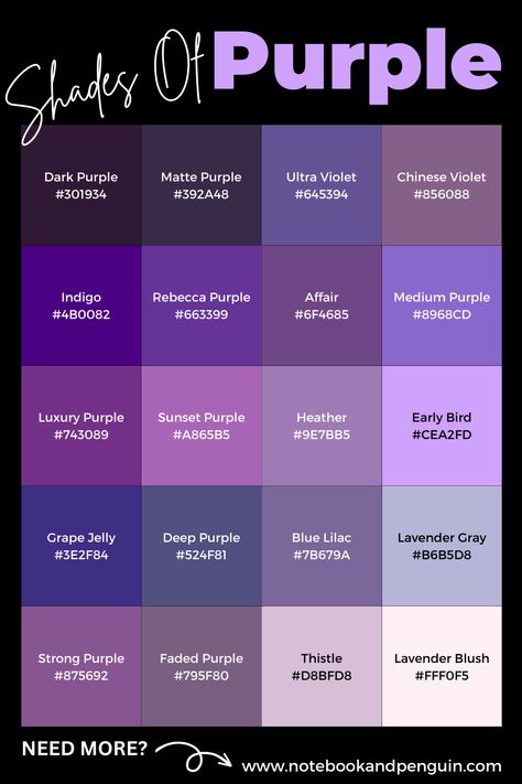 Purple Hair Shades Chart, Css Color Codes, Purple Color Palette Names, Purple Shades Name, Purple Paint Shades, Colors Names Chart Shades, Purple Hex Codes Colour Palettes, Procreate Color Palette Hex Codes, Aesthetic Purple Color Palette