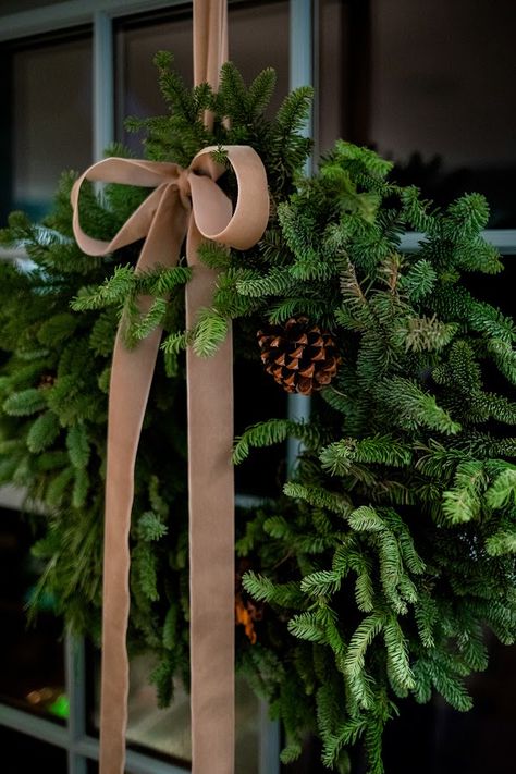 Christmas Wreaths With Velvet Ribbon, Ribbons On Wreaths Christmas, Velvet Bow On Wreath, Wreath With Long Ribbon, Tree With Ribbon Bows, Christmas Wreaths On Window, Christmas Bows On Mantle, Wreaths Windows, Christmas Velvet Ribbon Decor