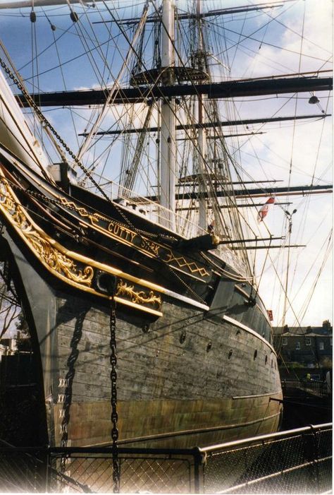 Cutty Sark is a British clipper ship. Built on the Clyde in 1869 for the Jock Willis Shipping Line, she was one of the last tea clippers to be built and one of the fastest, coming at the end of a long period of design development which halted as sailing ships gave way to steam propulsion. Cutty Sark was preserved as a museum ship, and has since become a popular tourist attraction, and part of the National Historic Fleet. She is located near the centre of Greenwich, in south-east London.: Greenwich London, Cutty Sark, Old Sailing Ships, Clipper Ship, Sea Captain, Old Boats, Word Nerd, Sailing Vessel, Wooden Ship