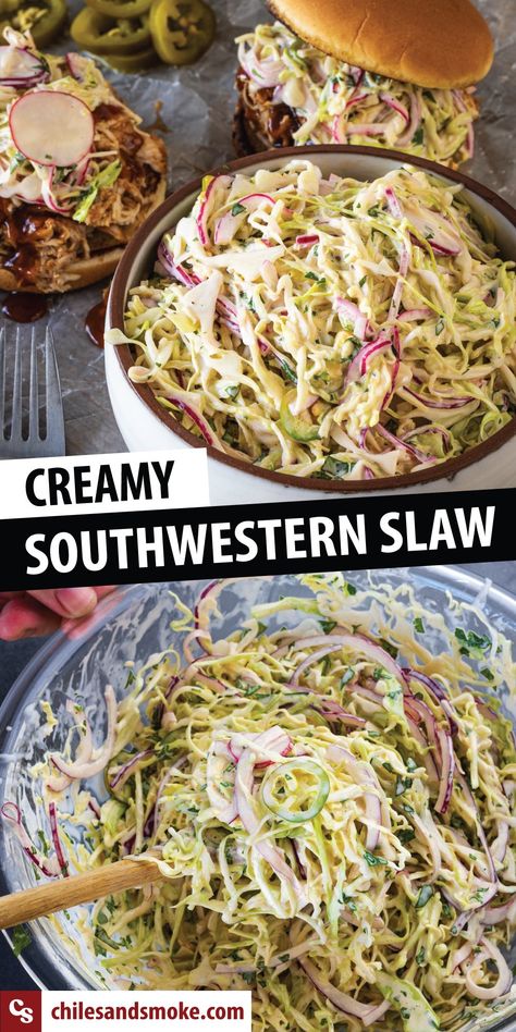 Creamy Southwestern Coleslaw - Chiles and Smoke Coleslaw With Jalapenos, Smokey Coleslaw Recipe, Southwestern Slaw, Jalapeno Coleslaw Recipes, Jalapeño Coleslaw, Coleslaw Recipe Spicy, Pioneer Woman Coleslaw, Smoked Coleslaw, Cowboy Coleslaw