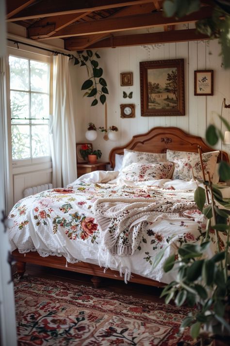 Room Ideas For Clothes, Comfy Cottage Bedroom, Cottage House Interior Design Bedroom, Cozy Plant Decor, Nature Bedroom Design, Dark Cottage Core Interior Design, Grandmas House Aesthetic Bedroom, Cottagecore Master Bed, Old English Cottage Interiors Bedroom