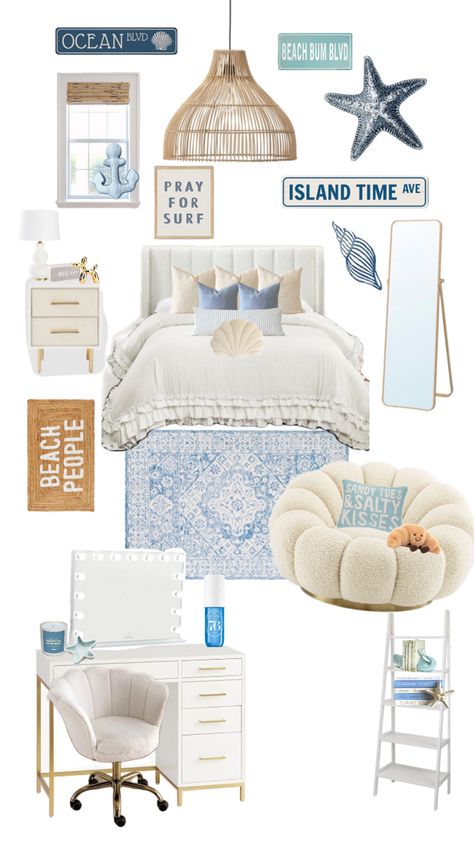 coastal Room Ideas Long Room, Costal Core Bedroom, White And Blue Coastal Bedroom, Coastal Design Bedroom, Costal Themed Bedrooms, Coastal Bedrooms Teen Girl, Beachy Aesthetic Room Ideas, Costal Grandma Room Decor, Room Ideas Coastal Granddaughter