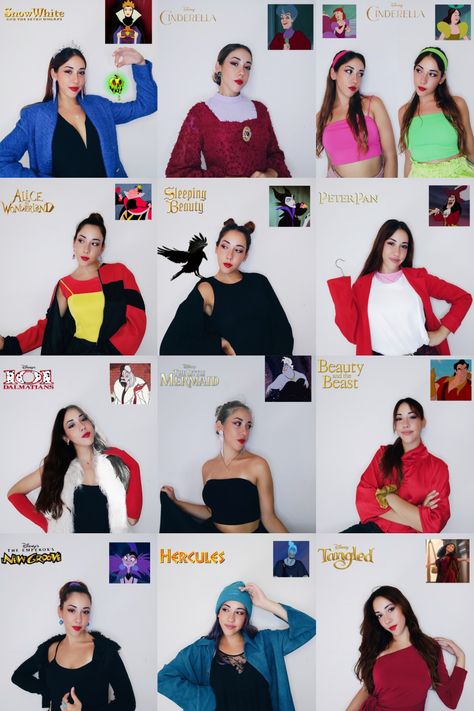 Disney Characters In Halloween Costumes, Cute Villain Outfits, Cartoon Character Outfits Ideas, Disney Princess And Villain Costumes, Disney Villains Diy Costume, Villian Inspired Outfits, Disney Villains Group Costume, Easy Disney Character Costumes Diy, Brunette Disney Characters Costumes