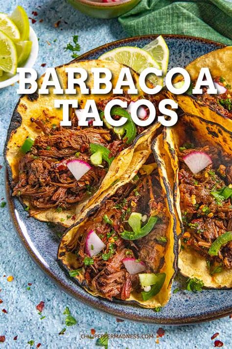 These barbacoa tacos are loaded with tender shredded beef that's been seasoned with chilies and spices, then cooked low and slow until the meat falls apart. Pork Barbacoa Tacos, Spicy Shredded Beef Tacos, Authentic Shredded Beef Tacos, Barbados Beef Tacos, Spicy Beef Tacos, Braised Beef Barbacoa, Barbacoa Beef Recipe, Sides For Barbacoa Tacos, Barbacoa Marinade Recipe