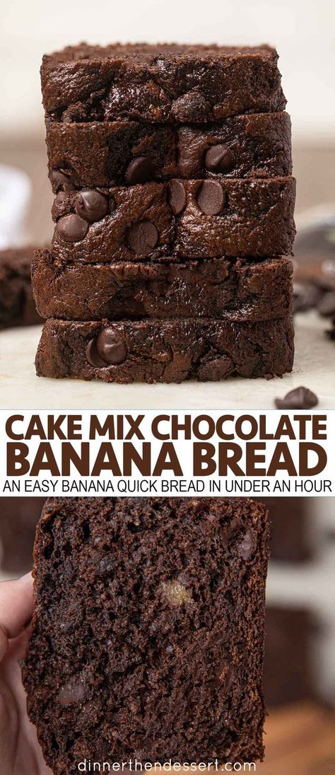 Banana Bread With Cake Mix Recipes, Banana Quick Bread, Cake Mix Banana Bread, Chocolate Cake Mix Recipes, Chocolate Banana Bread Recipe, Chocolate Banana Cake, Dinner Then Dessert, Mix Chocolate, Cake Mix Desserts