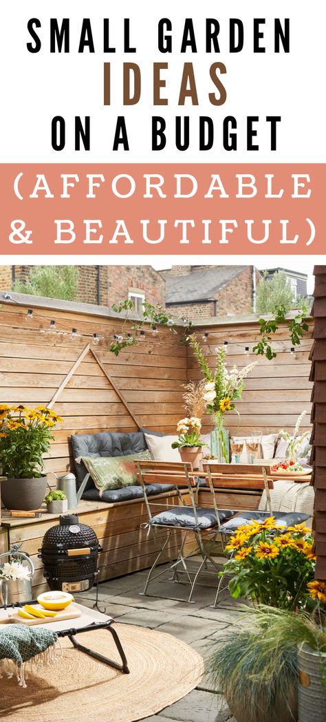 small garden ideas on a budget, affordable and beautiful. Their terrace garden has a wooden fence with a table and corner seating. A rattan rug on the floor with colourful planters. Small Square Garden Ideas, Small Garden Uk, Very Small Garden, Very Small Garden Ideas, Tiny Courtyard, Garden Ideas On A Budget, Modern Gardening, Garden Ideas Uk, Small Backyard Garden Design