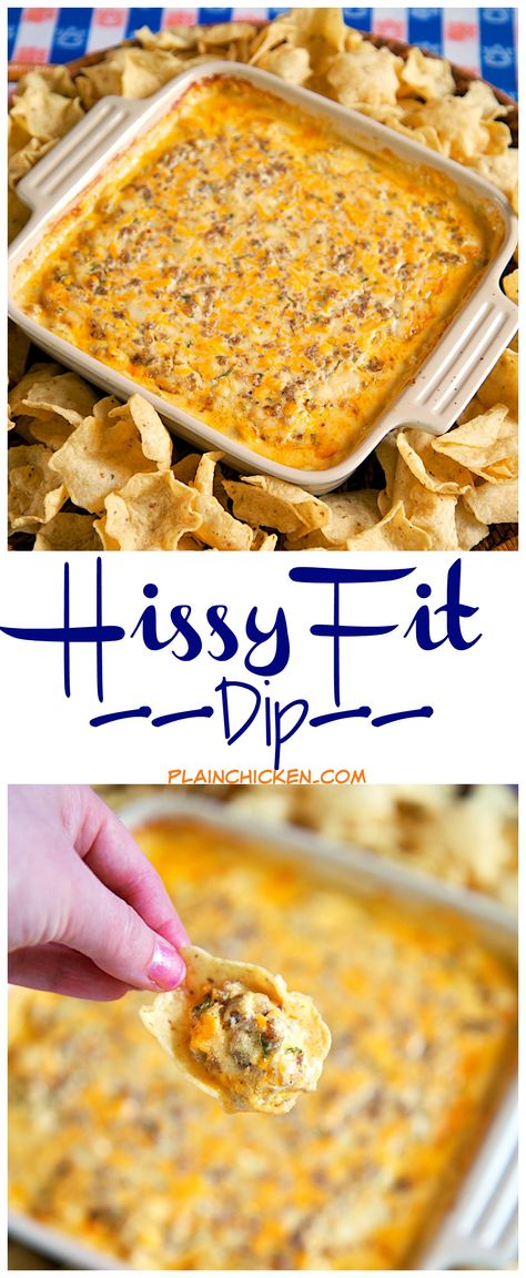 Hissy Fit Dip Recipe - sausage, sour cream, Velveeta, muenster, onion and garlic powder, Worcestershire sauce and parsley - SO good. You will definitely throw a hissy fit if you miss out on this dip! Crazy good! Can mix together and refrigerate a day before baking. Serve with chips and veggies! It is always gone in a flash! Hissy Fit Dip, Beer Cheese Dip, Fingerfood Party, Hissy Fit, Snack Dip, Tailgate Food, Buffalo Chicken Dip, God Mat, Think Food