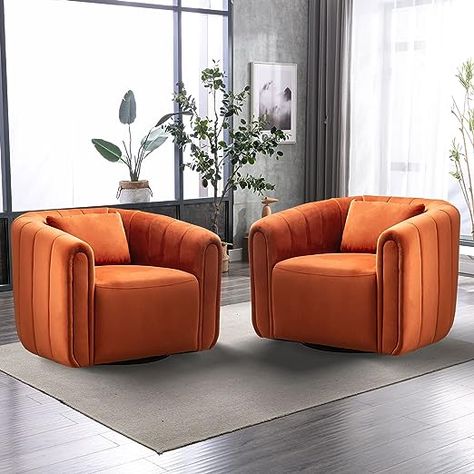 Round Armchair, Chair For Nursery, Orange Chairs, Chair Comfy, Comfy Living Room, Living Room Orange, Bedroom Orange, Toss Pillow, Velvet Accent Chair